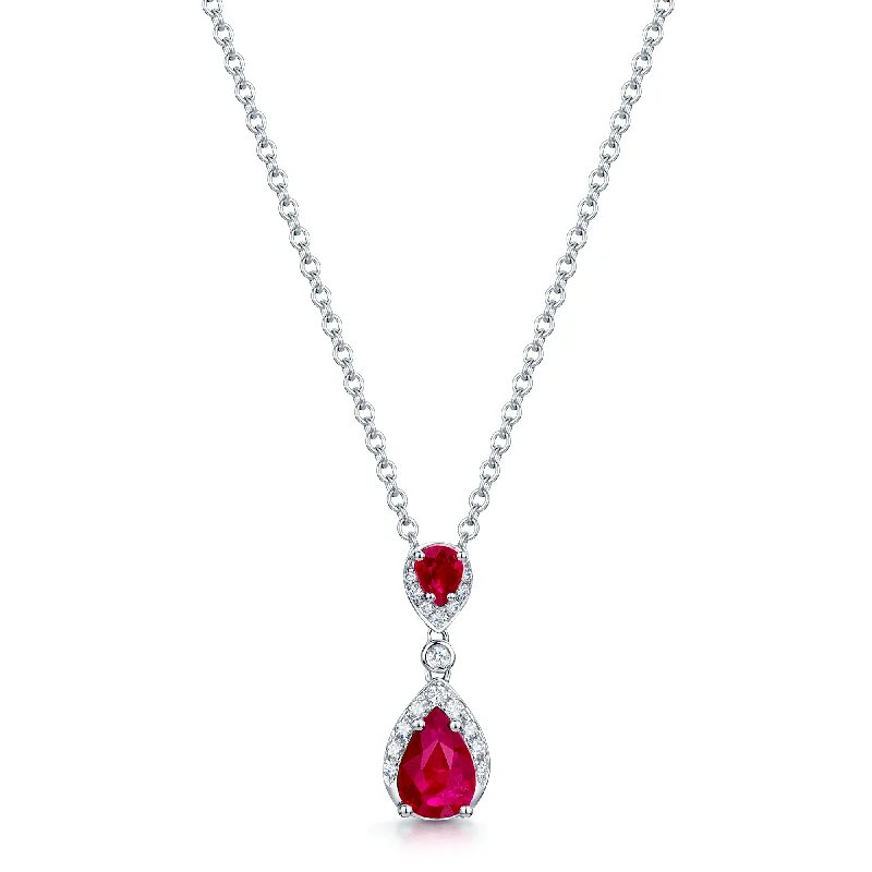 gold-plated necklaces for women-18ct White Gold Ruby And Diamond Drop Pendant