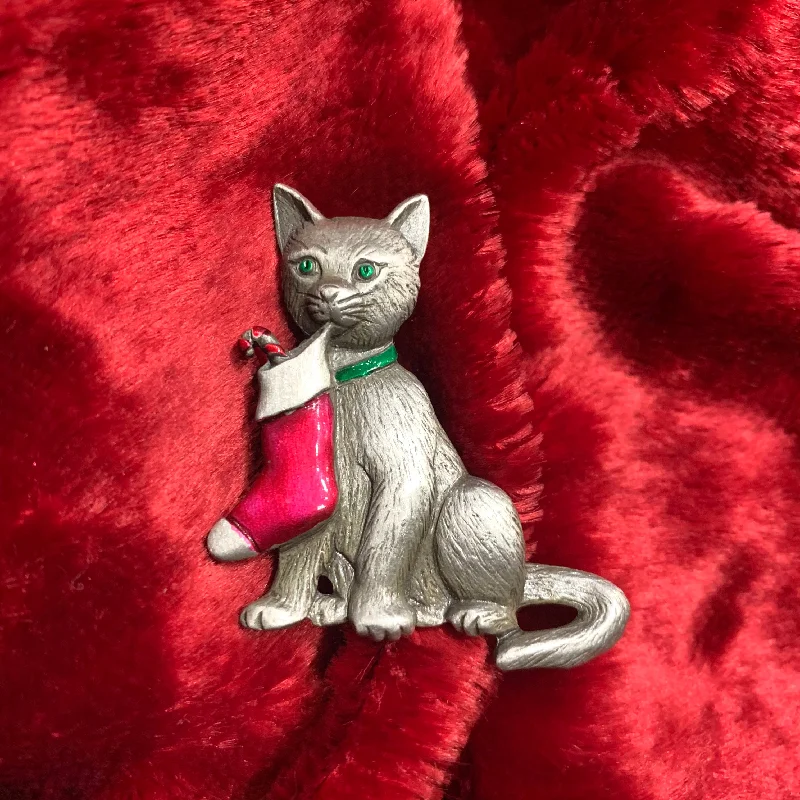 fashion-forward brooches for women-Christmas Cat brooch with stocking by JJ