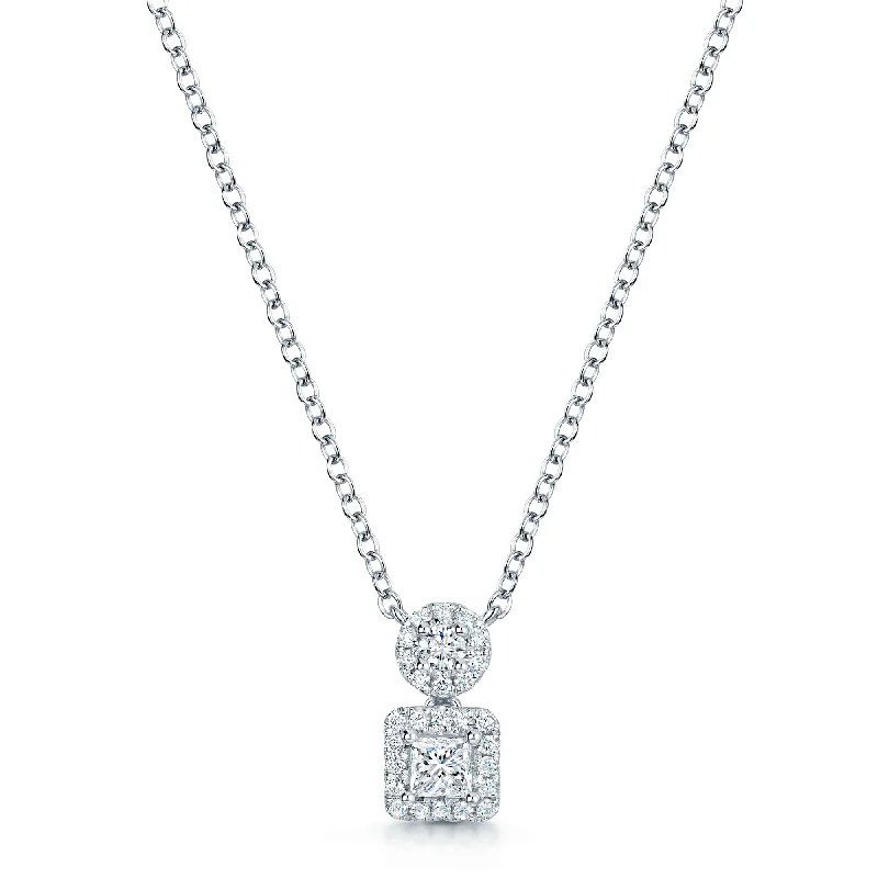 art deco necklaces for women-18ct White Gold Princess And Round Brilliant Cut Double Halo Pendant