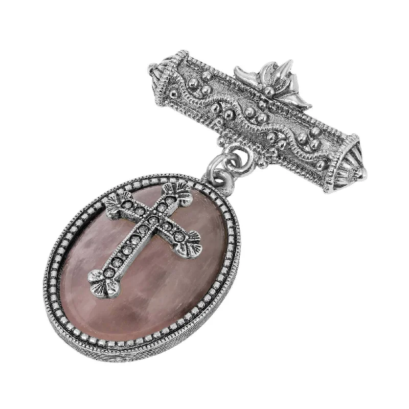 gold brooches for women-Symbols Of Faith Bar Pin Oval Rose Quartz Cross Brooch