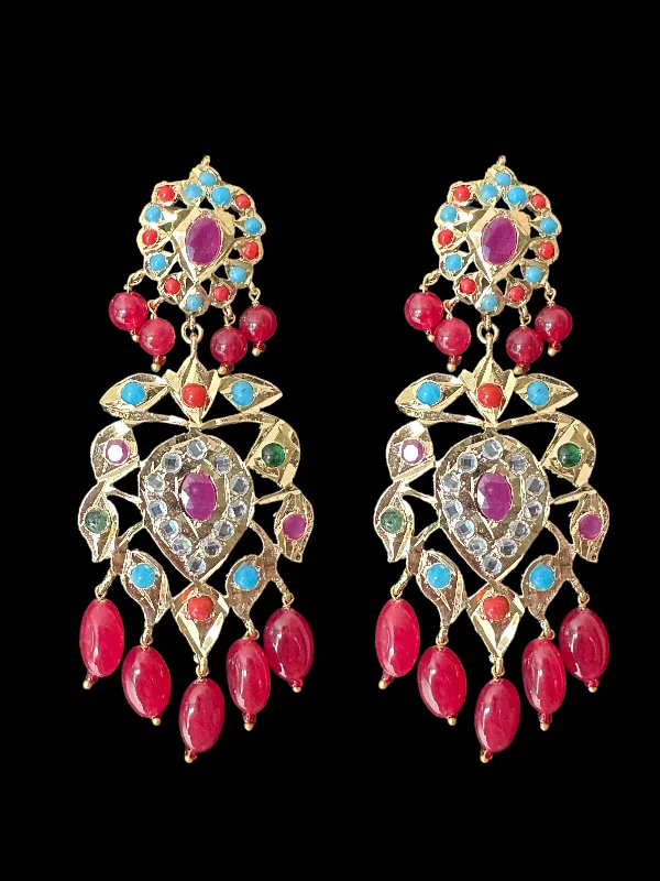 birthstone earrings for women-DER597 Navratan earrings with ruby beads ( READY TO SHIP )