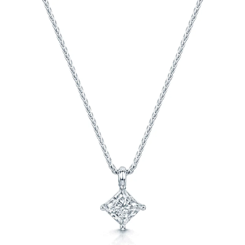 short chain necklaces for women-18ct White Gold Princess Cut Diamond Solitaire Four Claw Set Pendant