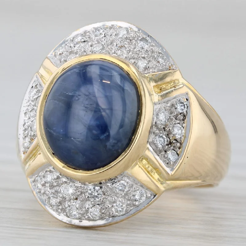 white sapphire engagement rings for women-Oval Cabochon Blue Sapphire Diamond Halo Ring 18k Yellow Gold Size 6.75-7