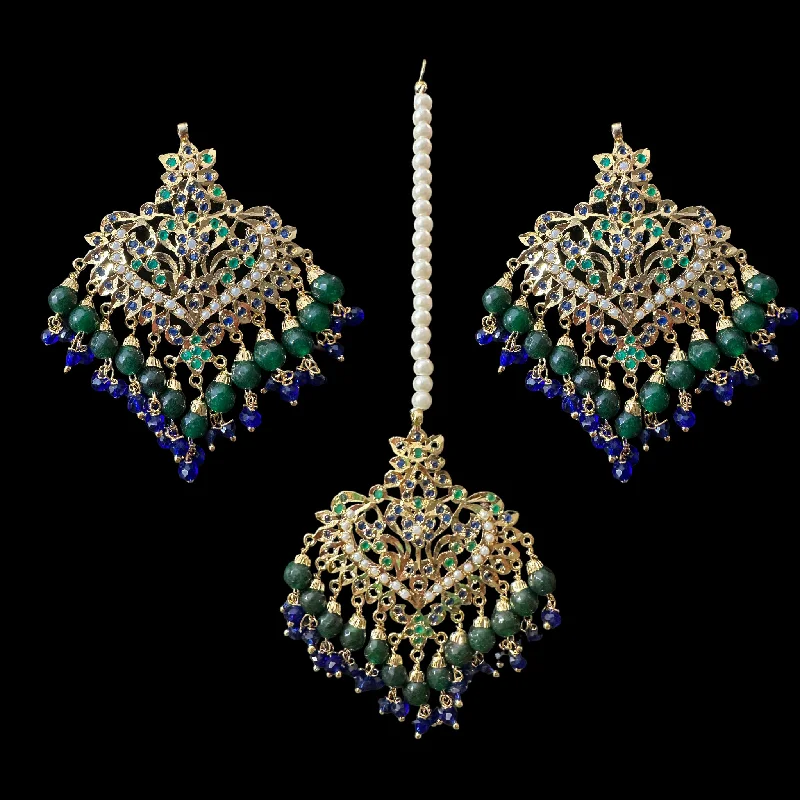 chic earrings for women-DJET108 Afreen emerald sapphire  earrings tika ( READY TO SHIP  )