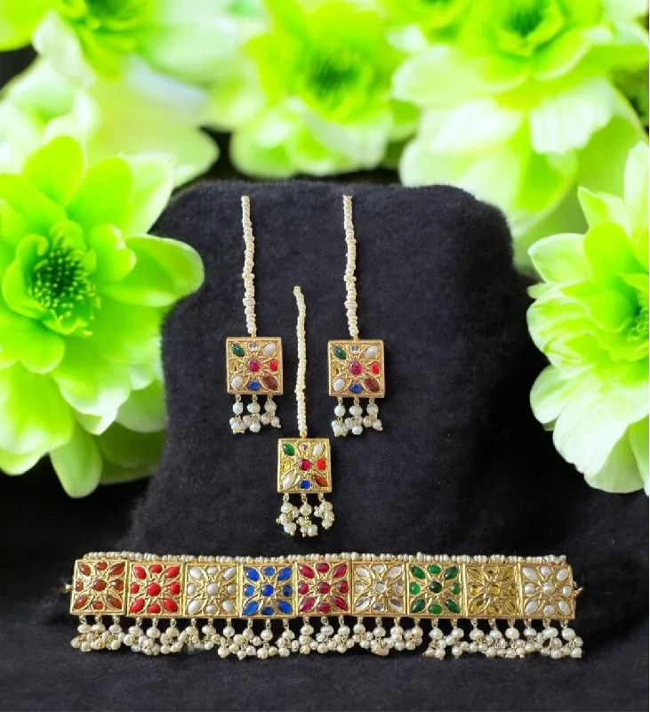 clip-on diamond earrings for women-C536 Navratan bridal choker earrings and Tika set in fresh water pearls ( READY TO SHIP )