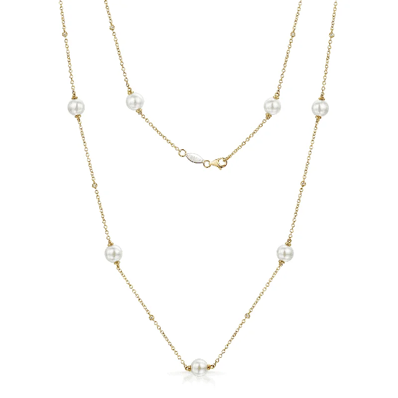 heart-shaped necklaces for women-18ct Rose Gold Akoya Cultured White Pearl Diamond Set Chain Necklet