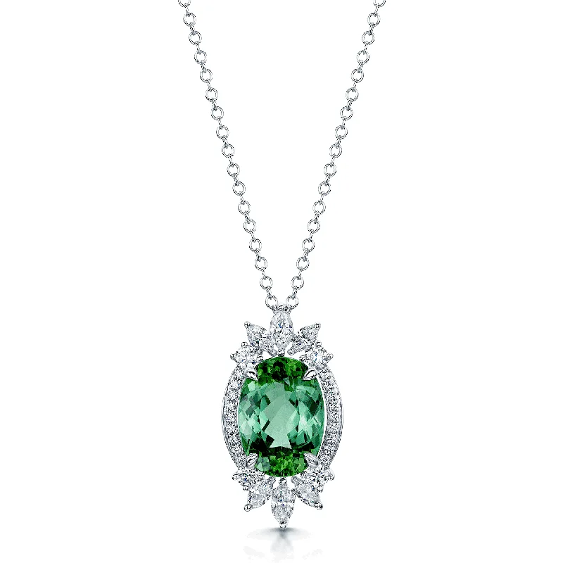 star necklaces for women-18ct White Gold Oval Cut Green Tourmaline, Marquise Cut Diamond & Round Brilliant Cut Diamond Pendant