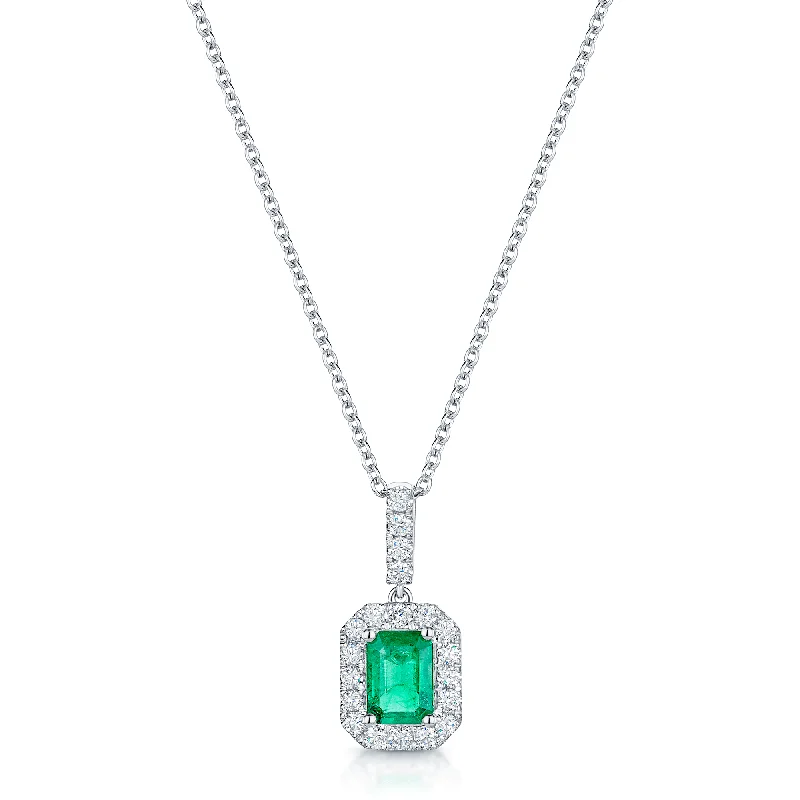 inspirational necklaces for women-Platinum Emerald And Diamond Halo Pendant