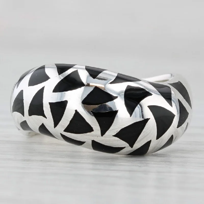 wedding engagement rings for women-Black Resin Mosaic Domed Silver Ring Sterling Size 8-8.25 Statement