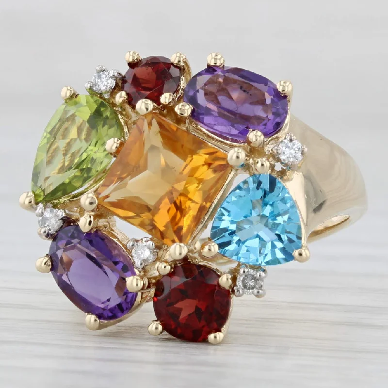 flower-shaped engagement rings for women-6.40ctw Gemstone Cluster Ring 14k Yellow Gold Size 7.25 Peridot Citrine Amethyst