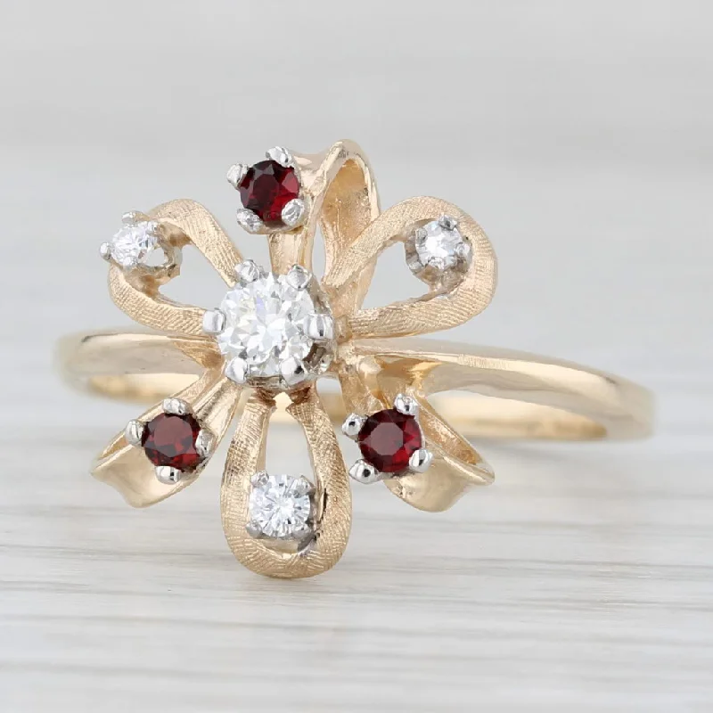 engagement rings with a twist design for women-0.39ctw Diamond Lab Created Ruby Garnet Flower Ring 14k Yellow Gold Size 9