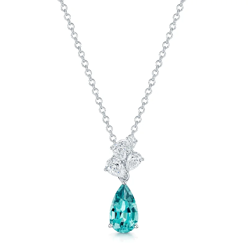 long chain necklaces for women-18ct White Gold Pear Cut Indicolite Tourmaline And Diamond Drop Pendant