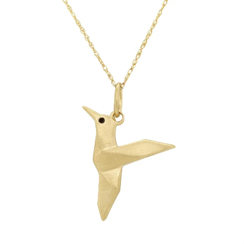 symbolic necklaces for women-YELLOW GOLD HUMMINGBIRD PENDANT WITH 2 BLACK DIAMONDS, .01 CT TW