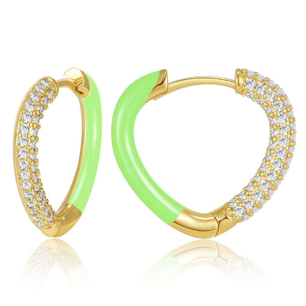 crystal earrings for women-Green Enamel Heart Huggie Hoop Earrings