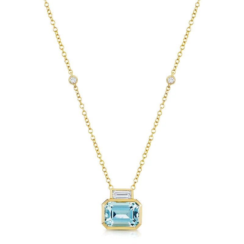 sapphire necklaces for women-18ct Yellow Gold Emerald Cut Aquamarine And Baguette Cut Diamond Pendant