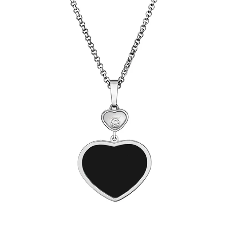 vintage-style necklaces for women-18ct White Gold Happy Hearts Black Onyx & Diamond Pendant