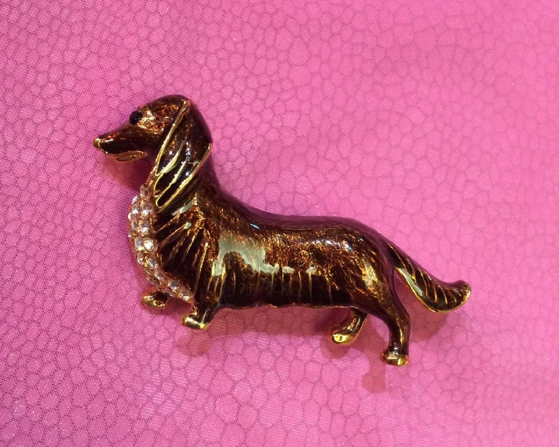 handmade brooches for women-Dachschund Sausage Dog brooch in Brown enamel