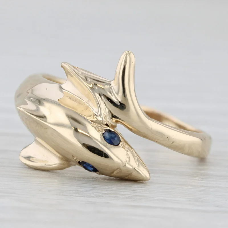 platinum engagement rings with diamonds for women-Coiled Dolphin Ring Blue Sapphire Eyes 14k Yellow Gold Size 5.75