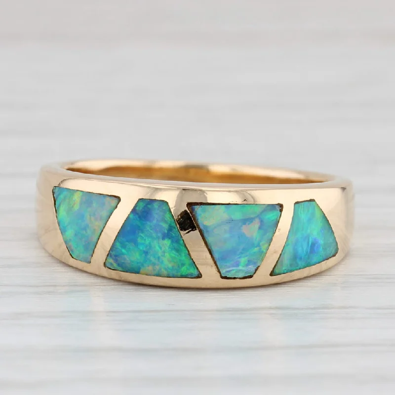 engagement rings with aquamarine for women-Opal Inlayed Mosaic Ring 18k Yellow Gold Size 7.75 Band Stackable