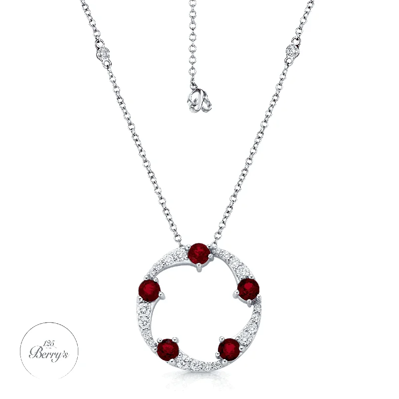 minimalist silver necklaces for women-OPEIA Collection 18ct White Gold Ruby And Diamond Fancy Large Circle Pendant With Chain