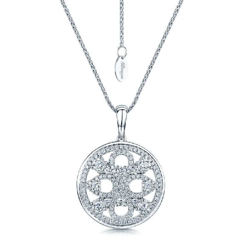 layered crystal necklaces for women-18ct White Gold Ornate Diamond Circular Pendant