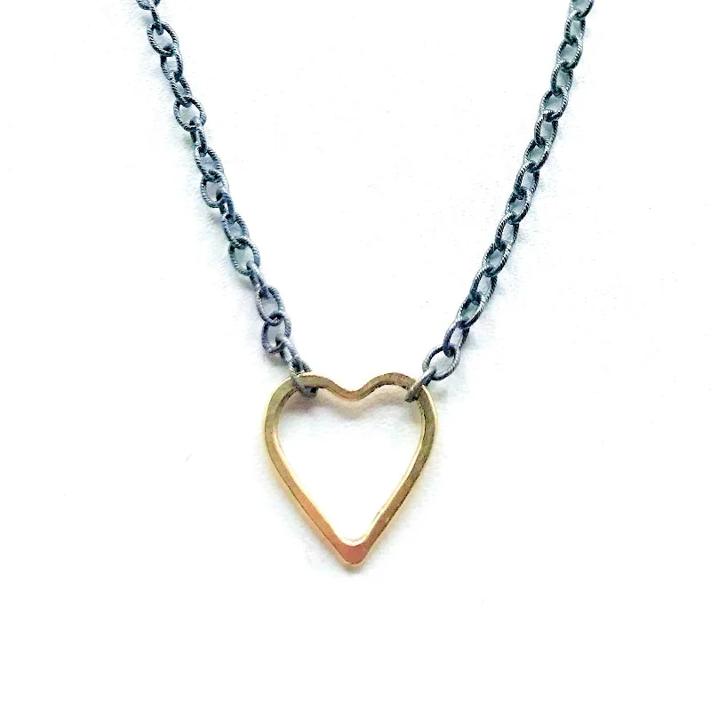 silver necklaces for women-Golden Heart on a Blackened Chain