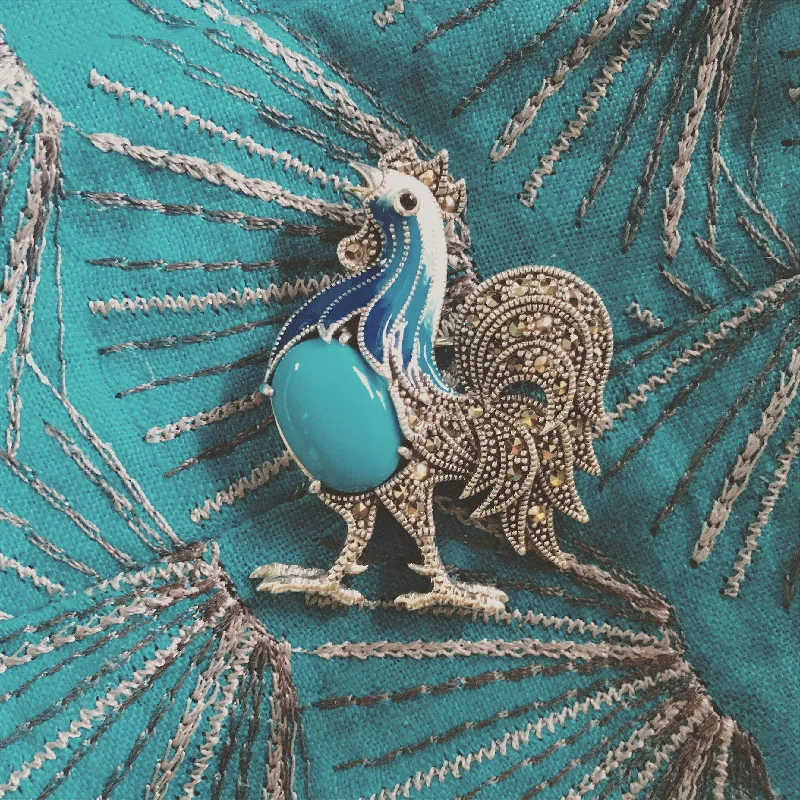 silver brooches for women-Blue Cockerel Brooch silver Marcasite enamel