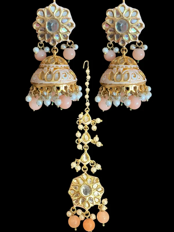 white gold earrings for women-Kundan jhumka and rika earrings with meenakari in peach ( READY TO SHIP )