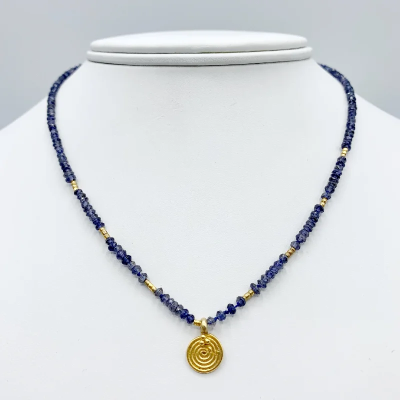 silver statement necklaces for women-Deep Blue Beads with a Golden Sun Disk