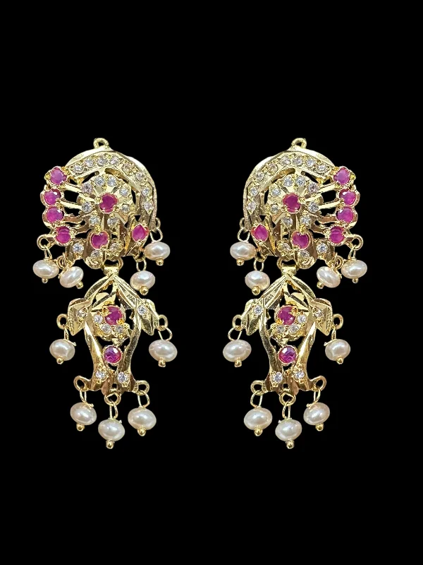 gold drop earrings for women-DER633 jadau earrings in fresh water pearls - ruby READY TO SHIP )