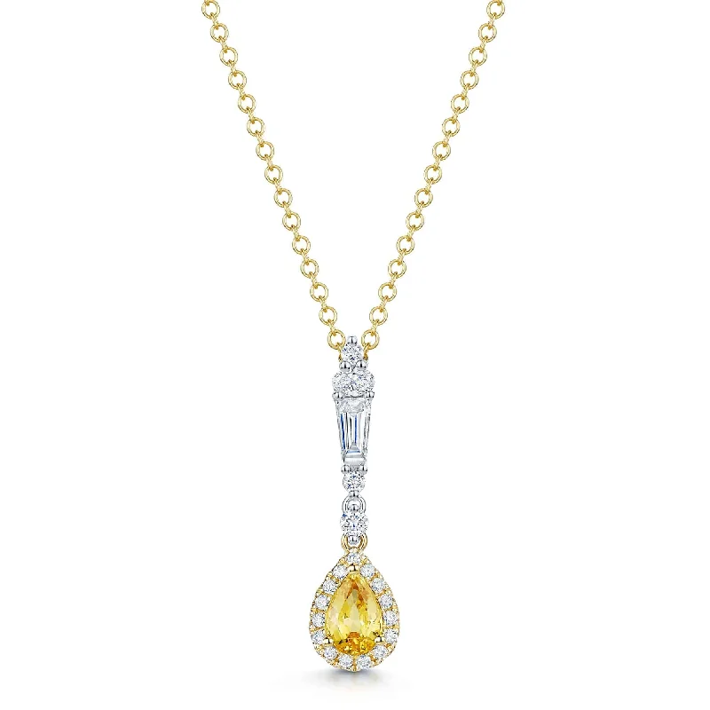 pendant necklaces for women-18ct Yellow & White Gold Pear Cut Yellow Sapphire Diamond Halo Pendant