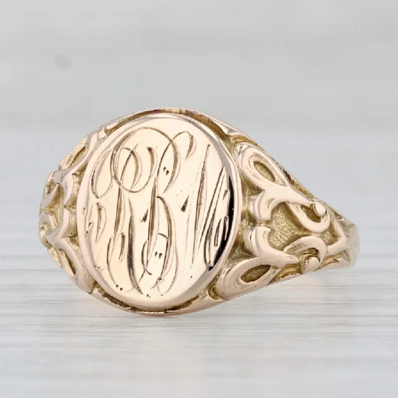 affordable diamond engagement rings for women-Script Monogrammed Signet Ring 10k Yellow Gold Size 9.5 Vintage Ornate