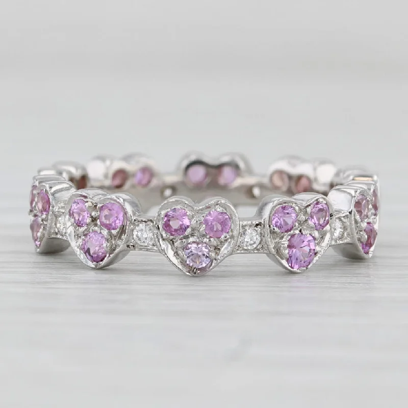 eco-friendly engagement rings for women-1ctw Pink Sapphire Diamond Hearts Eternity Ring 18k White Gold Stackable Band