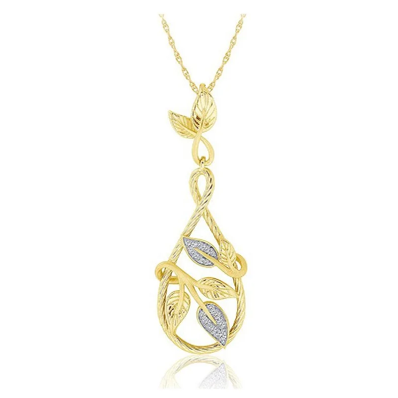 moon necklaces for women-YELLOW GOLD TEAR SHAPED PENDANT WITH LEAVES AND DIAMONDS, 1/8 CT TW