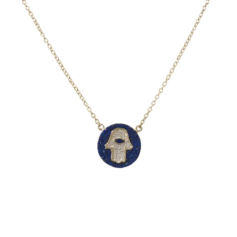 personalized bar necklaces for women-Hamsa Sapphire Sparkle Disc Necklace