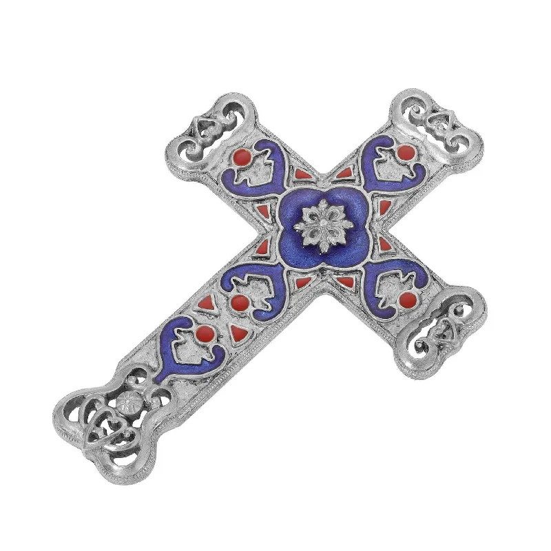 jeweled brooches for women-Symbols Of Faith Antigua Enamel Cross & Heart Brooch