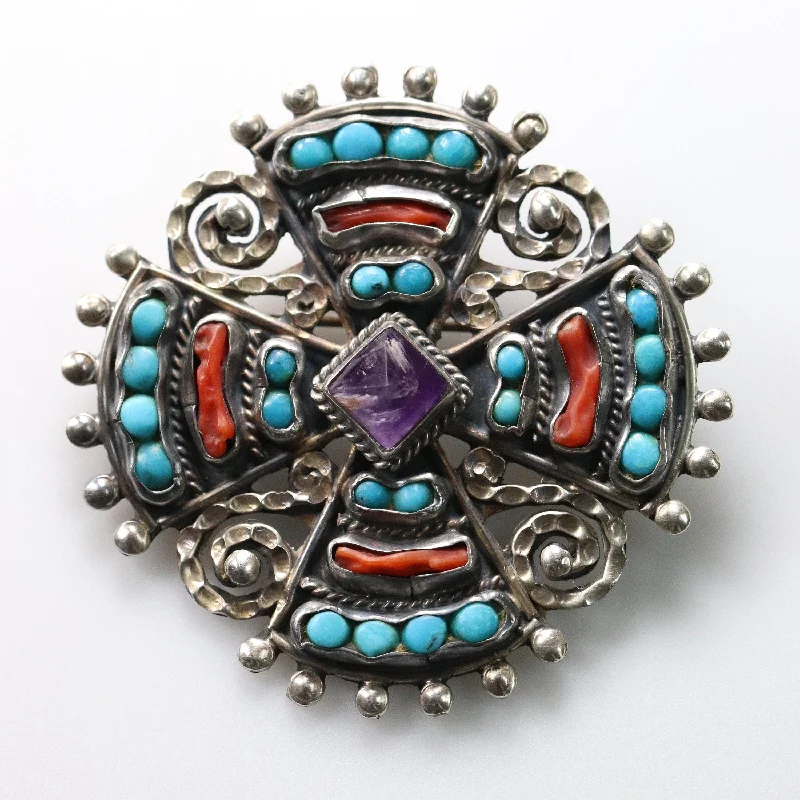 wedding brooches for brides-MATL Brooch | Ricardo Salas Multi-Gem Cross Pin | Vintage Sterling Silver Mexico