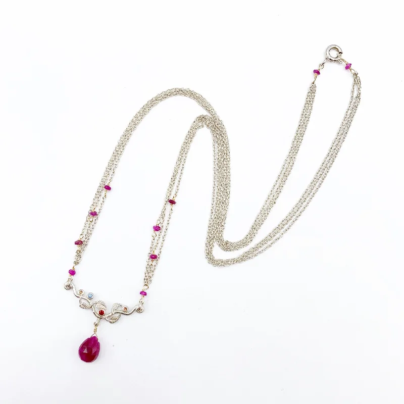 vintage necklaces for women-Sterling Silver Branch with Diamonds and Ruby with Ruby Beads