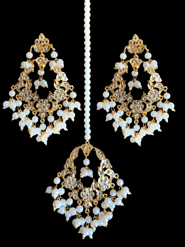 ruby earrings for women-DJET21 Madhuri earrings tika set in pearls  ( READY TO SHIP )