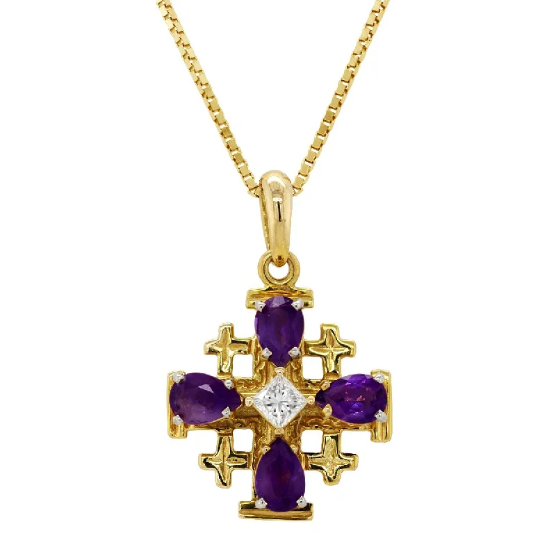 classic necklaces for women-YELLOW GOLD PENDANT WITH PEAR SHAPED AMETHYSTS AND PRINCESS DIAMOND