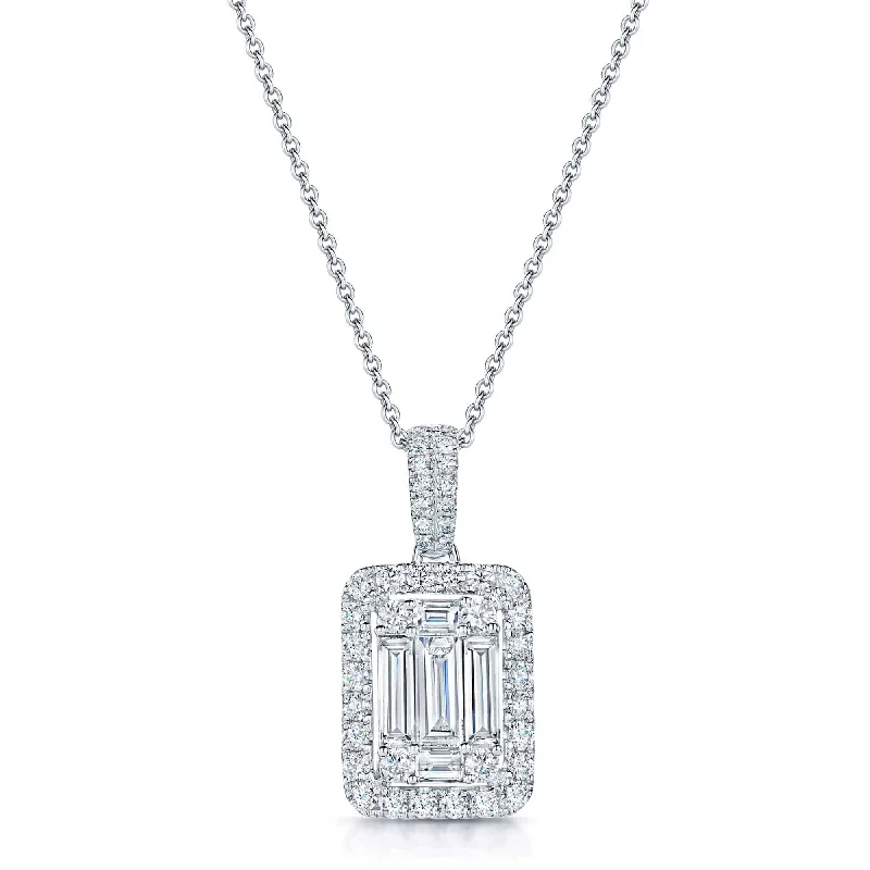 gold name necklaces for women-18ct White Gold Baguette And Round Brilliant Cut Diamond Halo Pendant With A Diamond Bale