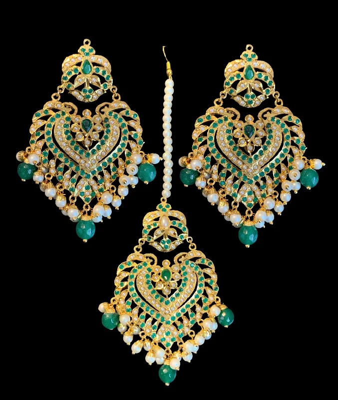 adjustable earrings for women-Farwah earrings tika in green / emeralds   ( SHIPS IN 4 WEEKS )