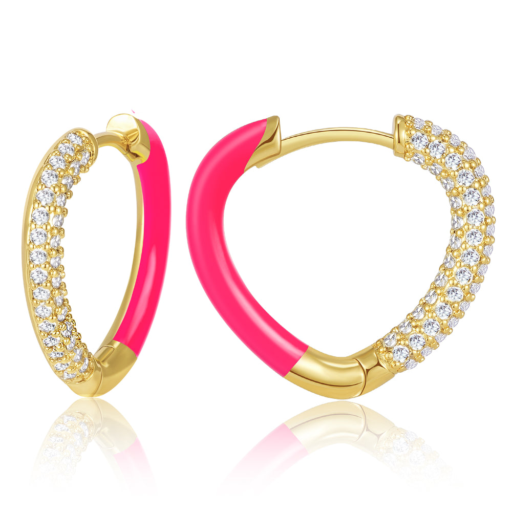 ruby earrings for women-Rose Enamel Heart Huggie Hoop Earrings