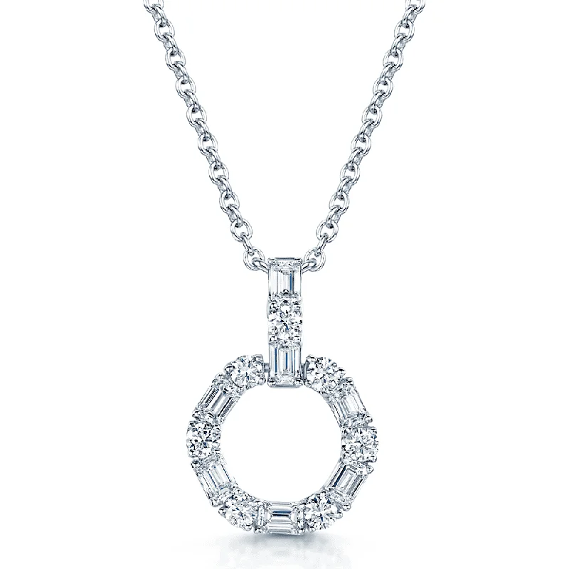 friendship necklaces for women-18ct White Gold Baguette and Round Brilliant Cut Small Circle Pendant