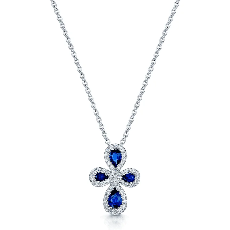 statement piece necklaces for women-18ct White Gold Pear Shape Blue Sapphire & Round Brilliant Cut Diamond Pendant