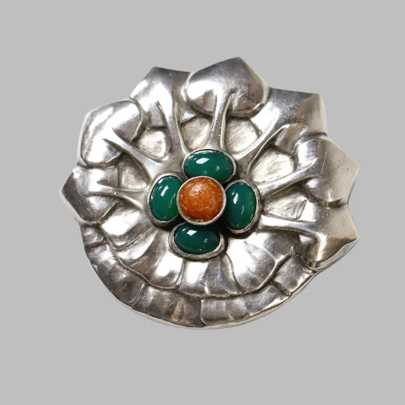 custom brooches for women-Georg Jensen Jewelry | Amber Chrysoprase Art Nouveau Silver Vintage Brooch 64