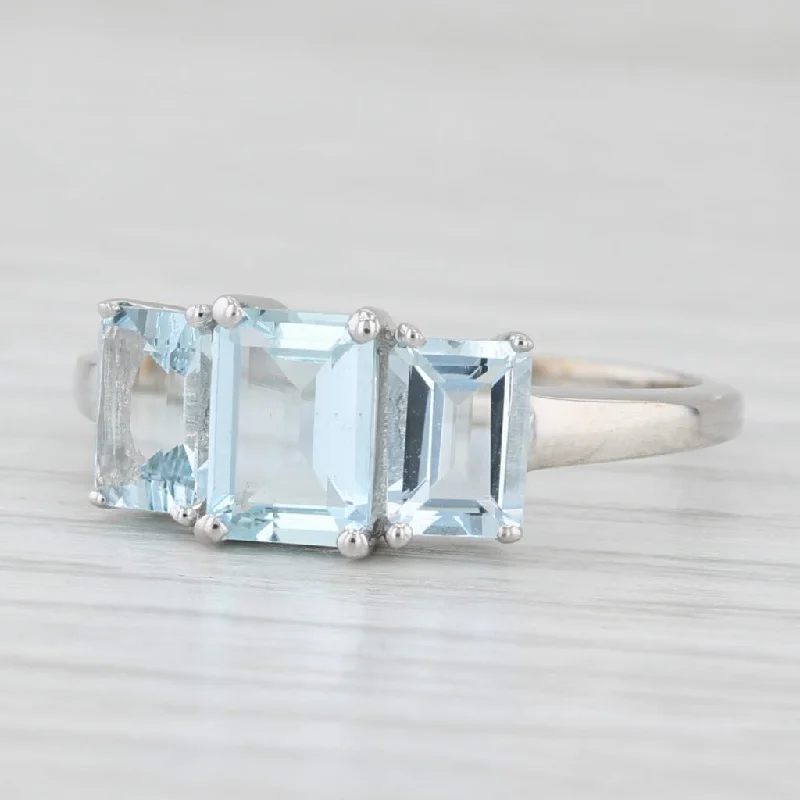 engagement rings with colored stones for women-1.70ctw 3-Stone Aquamarine Ring 10k White Gold Size 8.25