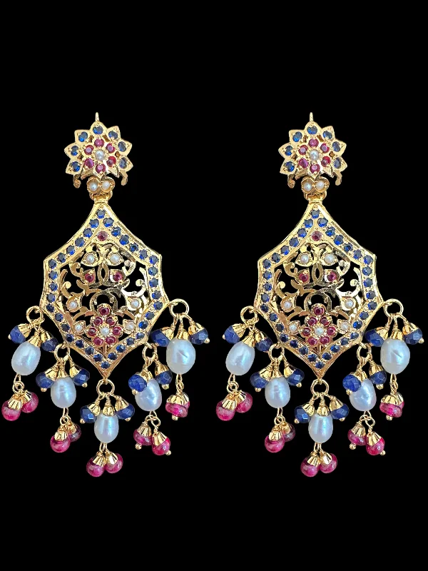 crystal stud earrings for women-Gold plated silver earrings in ruby and sapphire with pearls ( READY TO SHIP)