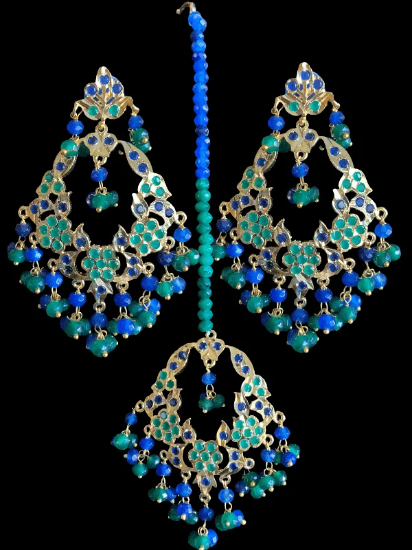 gemstone earrings for women-DJET24 Madhuri earrings tika set in blue green    ( READY TO SHIP)