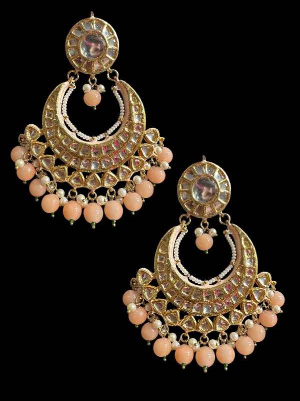 sapphire earrings for women-Kundan meena earrings - peach , Oversized chandbali  ( READY TO SHIP )